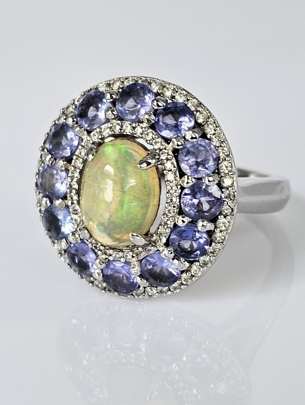 Genuine Opal, Tanzanite & White Zircon Halo Ring Sterling Silver Size 8!